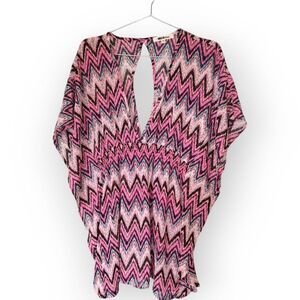 Miken Womens Swimsuit Cover Up Sz L Dress Tunic‎ Pink Black Sheer Beachy Coastal